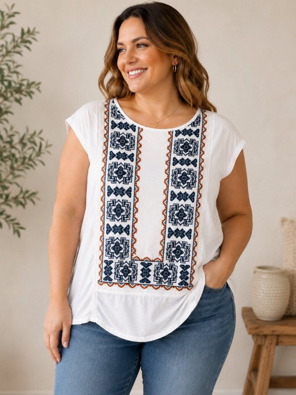 Lucky Brand 1X White Navy Rust Embroidered Boho Blouse
